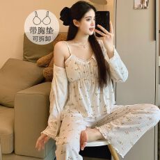 批发6535棉<b class='q'>睡衣</b>女春秋季长袖带胸垫2025网红<b class='q'>性感</b>三件套家居服
