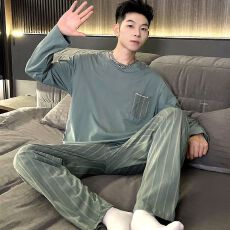 批发秋季针织棉6535<b class='q'>男士</b>圆领长袖长裤睡衣男装套装家居服