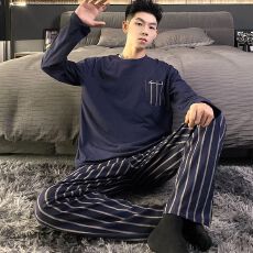 批发秋季针织棉6535<b class='q'>男士</b>圆领长袖长裤睡衣男装套装家居服