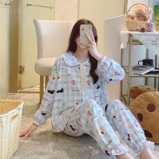 批发秋季<b class='q'>莫代尔</b>翻领开衫长袖长裤<b class='q'>睡衣</b>女士套装休闲家居服