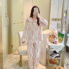 批发秋季<b class='q'>莫代尔</b>翻领开衫长袖长裤<b class='q'>睡衣</b>女士套装休闲家居服