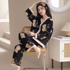 批发秋季牛奶丝V领开衫长袖长裤<b class='q'>睡衣</b><b class='q'>女</b>士套装休闲家居服
