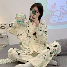 批发秋季牛奶丝V领开衫长袖长裤<b class='q'>睡衣</b><b class='q'>女</b>士套装休闲家居服