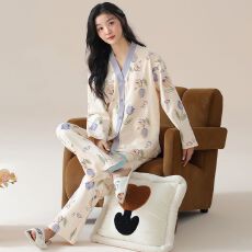 批发秋季牛奶丝V领开衫长袖长裤<b class='q'>睡衣</b><b class='q'>女</b>士套装休闲家居服