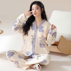 批发秋季牛奶丝V领开衫长袖长裤<b class='q'>睡衣</b><b class='q'>女</b>士套装休闲家居服