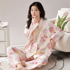 批发秋季牛奶丝V领开衫长袖长裤<b class='q'>睡衣</b><b class='q'>女</b>士套装休闲家居服