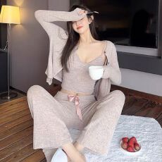 批发秋季网红直播爆款<b class='q'>毛衣</b>性感睡衣女士三件套带可拆胸垫