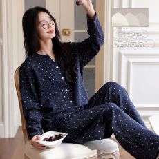 批发秋季纯棉带胸垫开衫长袖长裤睡衣女套装外穿家居服