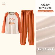 批发秋季高质量双面德绒圆领长袖长裤睡衣女士套装家居服
