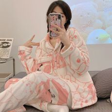 批发冬季法兰绒翻领开衫长袖长裤睡衣女套装休闲家居<b class='q'>服</b>