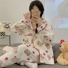 批发冬季法兰绒翻领开衫长袖长裤睡衣女套装休闲家居<b class='q'>服</b>