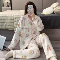批发冬季法兰绒翻领开衫长袖长裤睡衣女套装休闲家居<b class='q'>服</b>
