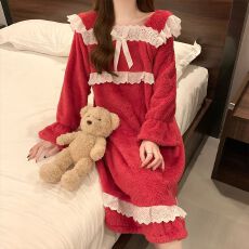 批发冬季长毛绒260克蕾丝花边长袖睡裙女士休闲家居服裙