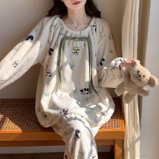 批发冬季法兰绒印花公主风方领长袖睡衣<b class='q'>女士</b>套装家居服