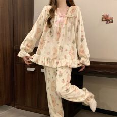 批发冬季280克法兰绒方领长袖长裤<b class='q'>睡衣</b>女套装休闲家居服