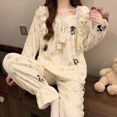 批发冬季280克法兰绒蕾丝花边方领长袖<b class='q'>睡衣</b>女套装家居服