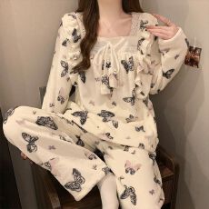 批发冬季280克法兰绒蕾丝花边方领长袖<b class='q'>睡衣</b>女套装家居服