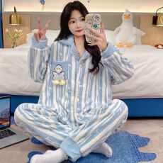 批发冬季法兰绒翻领开衫长袖长裤<b class='q'>睡衣</b>女套装休闲家居服