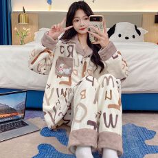 批发冬季法兰绒翻领开衫长袖长裤<b class='q'>睡衣</b>女套装休闲家居服