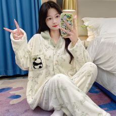 批发冬季法兰绒翻领开衫长袖长裤<b class='q'>睡衣</b>女套装休闲家居服