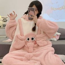 冬季280克法兰绒加厚连体连帽长袖睡衣女套装家居服
