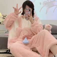 冬季280克法兰绒加厚连体连帽长袖睡衣女套装家居服