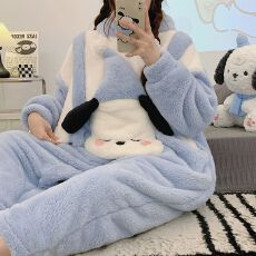 冬季280克法兰绒加厚连体连帽长袖睡衣女套装家居服