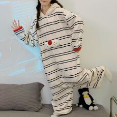 冬季280克法兰绒加厚连体连帽长袖睡衣女套装家居服