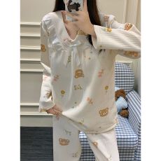 冬季空气夹层带胸垫蕾丝花边V领长袖长裤睡衣套装