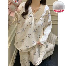 批发冬季空气夹层带胸垫蕾丝花边V领长袖长裤睡衣套<b class='q'>装</b>