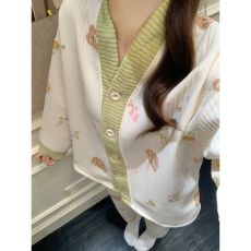 批发冬季空气夹层V领开衫长袖长裤睡衣女套<b class='q'>装</b>保暖家居服