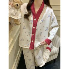 批发冬季空气夹层V领开衫长袖长裤睡衣女套<b class='q'>装</b>保暖家居服