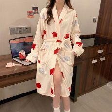 批发冬季法兰绒睡衣女士和服单件袍浴袍绑带保暖家居服