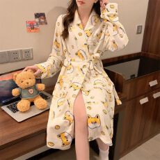 批发冬季法兰绒睡衣女士和服单件袍浴袍绑带保暖家居服