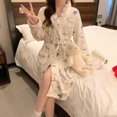 批发冬季法兰绒睡衣女士和服单件袍浴袍绑带保暖家居服