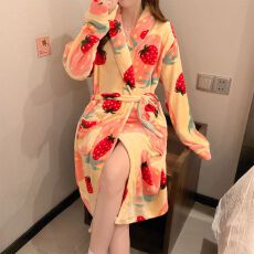 批发冬季法兰绒睡衣女士和服单件袍浴袍绑带保暖家居服