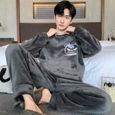 批发冬季法兰绒简约男士长袖睡衣男套装休闲圆领家居服