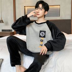 批发冬季法兰绒简约男士长袖睡衣男套装休闲圆领家居服