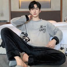 批发冬季法兰绒简约男士长袖睡衣男套装休闲圆领家居服