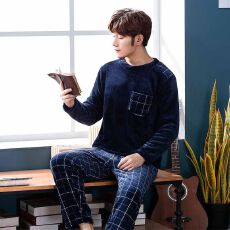 批发冬季法兰绒简约男士长袖睡衣男套装休闲圆领家居服