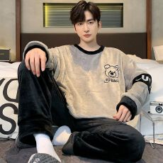 批发冬季法兰绒简约男士长袖睡衣男套装休闲圆领家居服