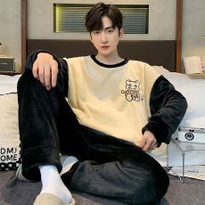 批发冬季法兰绒简约男士长袖睡衣男套装休闲圆领家居服