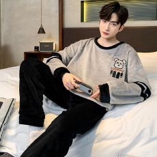 批发冬季法兰绒简约男士长袖睡衣男套装休闲圆领家居服