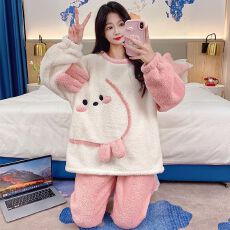 批发冬季280克半边绒圆领长袖长裤睡衣女套装休闲家居服