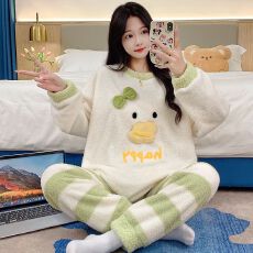 批发冬季280克半边绒圆领长袖长裤睡衣女套装休闲家居服