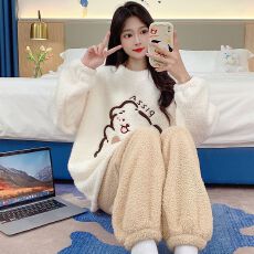 批发冬季280克半边绒圆领长袖长裤睡衣女套装休闲家居服