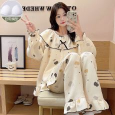 夹层空气棉带胸垫圆领开衫长袖睡衣女套装家居服