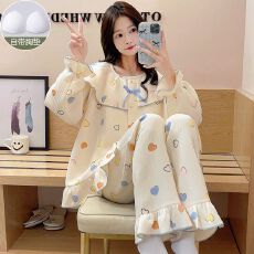 夹层空气棉带胸垫圆领开衫长袖睡衣女套装家居服