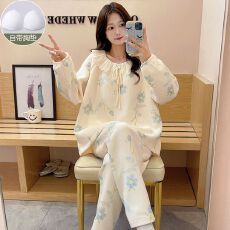 夹层空气棉带胸垫圆领开衫长袖睡衣女套装家居服