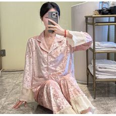 批发冬季金钻绒蕾丝花边翻领开衫长袖睡衣女套装家居服